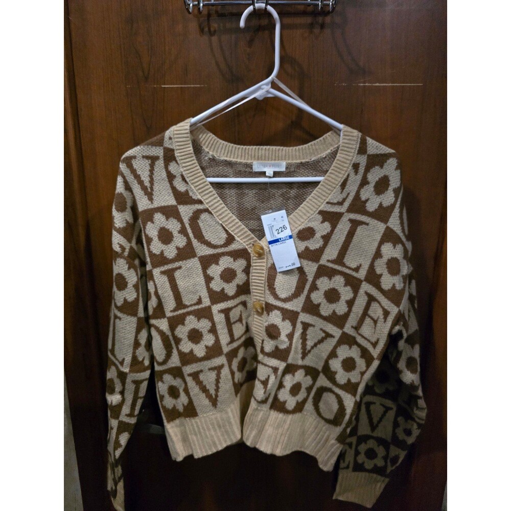 Ultra Flirt Brown/Tan "Love" Cardigan Sz L
